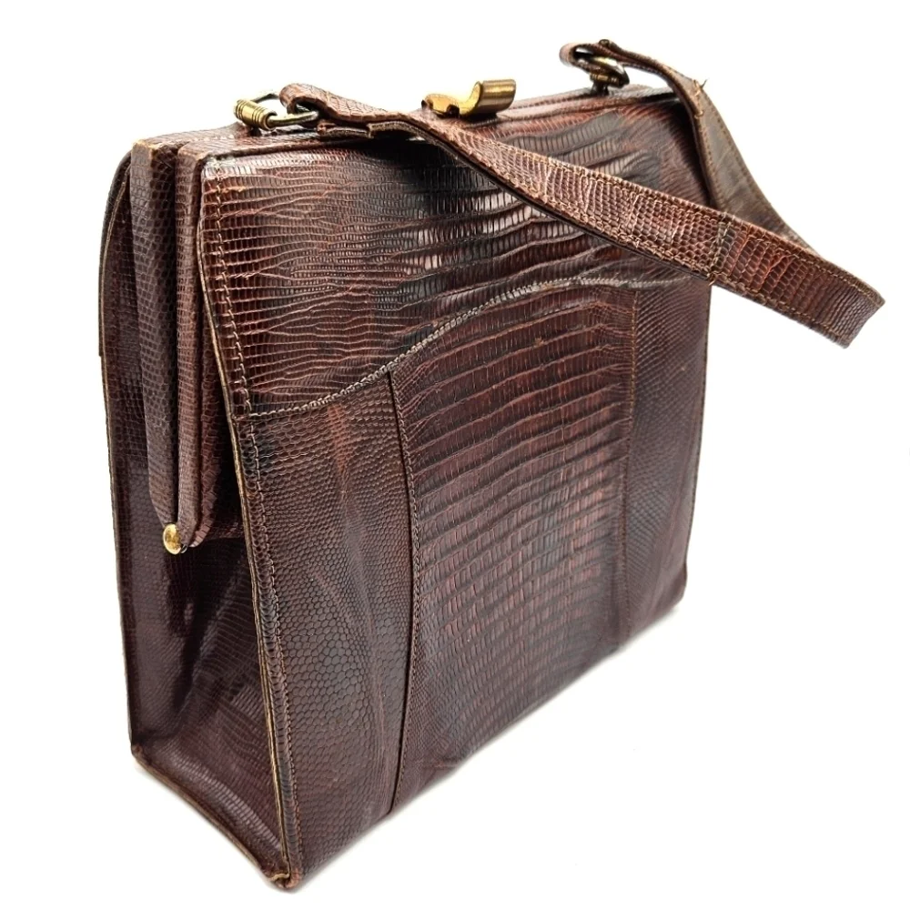 VINTAGE Sterling USA Brown Genuine Lizard Reptile Skin Handbag Purse MCM